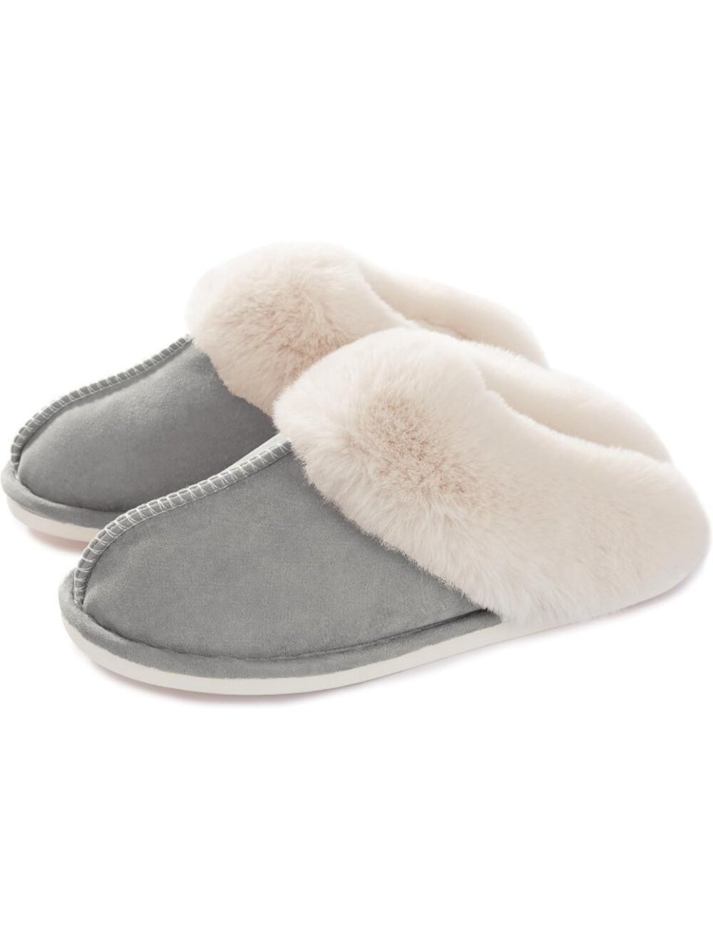 Women Light Grey Fluffy Non Slip Slipper Memory Foam Warm Cozy Indoor House Shoe